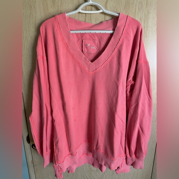 aerie Tops - Aerie Neon Pink V-Neck Distressed Super Oversized Sweatshirt. Women's L READ